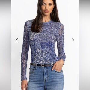 Natalie Long Sleeve Mesh Tee Denim Embroidery